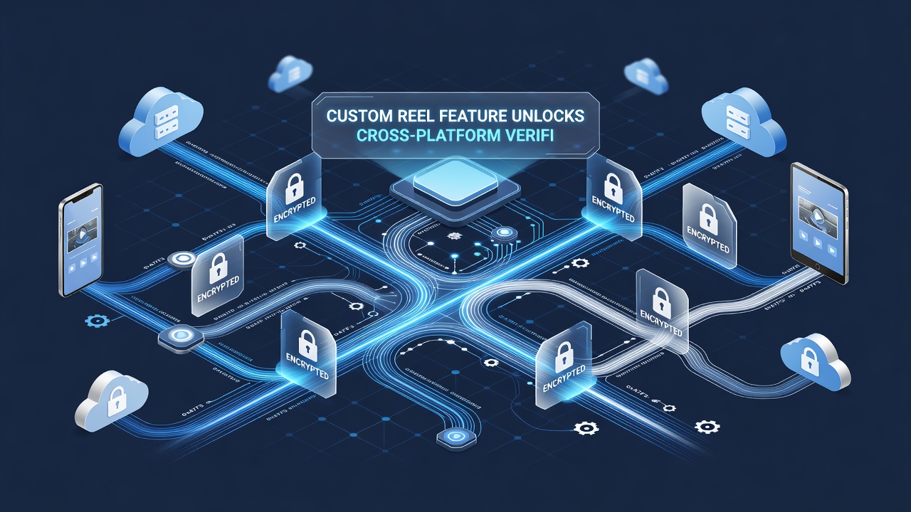 Illustration of cross-platform verification process linking encrypted transfers to reel feature activation