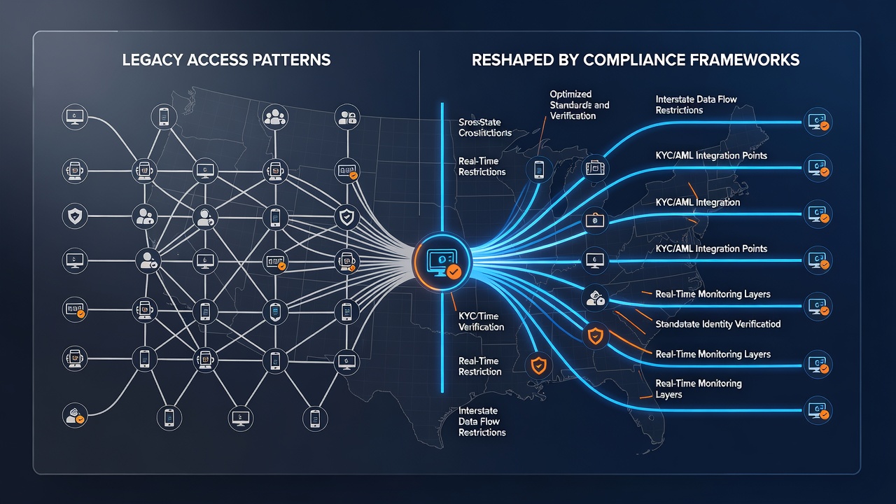 Diagram showing token-based access controls across state lines in digital wagering
