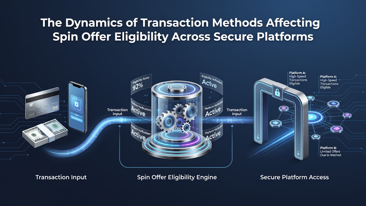 Secure transaction processing interface showing various payment methods connected to spin offer eligibility checks on a digital casino platform